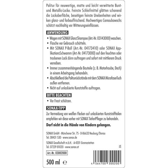 SONAX AutoPolitur (500 ml) für neuwertige, matte und leicht verwitterte Bunt- und Metallic-Lacke | Art-Nr. 0300200
