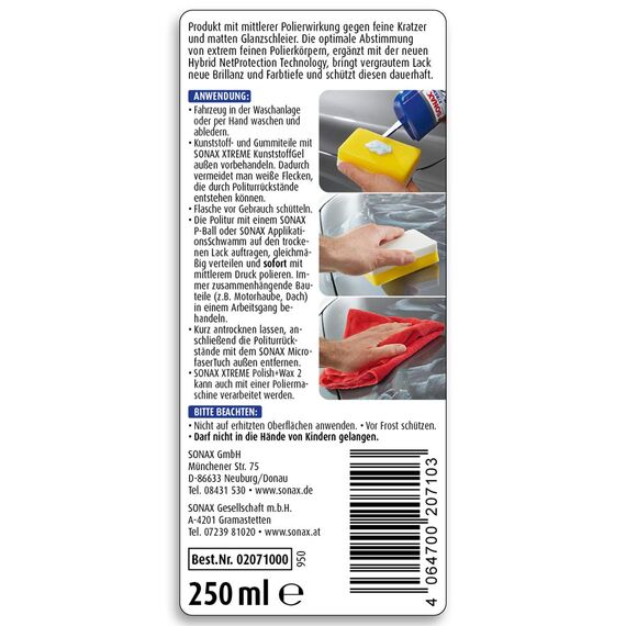 SONAX XTREME Polish+Wax 2 Hybrid NPT (250 ml) schonende Politur mit mittlerer Wirkung für regelmäßig gepflegte Lacke | Art-Nr. 02071000