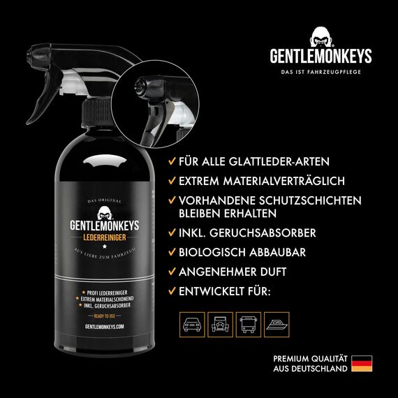 GENTLEMONKEYS Lederreiniger Set (500ml Leder Reiniger + Microfasertuch + 500ml Nachfüllflasche) • Lederpflege Set für Glattlederoberflächen • Extrem materialverträglich und biologisch abbaubar