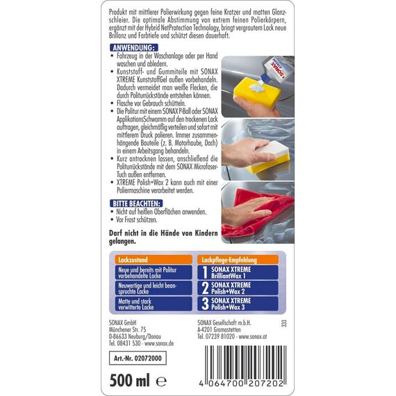 SONAX XTREME Polish+Wax 2 Hybrid NPT (500 ml) schonende Politur mit mittlerer Wirkung für regelmäßig gepflegte Lacke | Art-Nr. 02072000