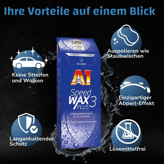 DR. WACK - A1 Speed Wax Plus 3 500 ml - Autowachs mit Wasserabperl-Effekt - Besserer Schutz & Glanz durch Carnauba-Booster-Technologie - Auto-Lackversiegelung - für alle Lacke - Hochwertige Autopflege