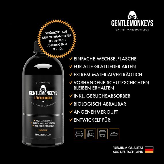 GENTLEMONKEYS Lederreiniger Refill (500ml) • Lederpflege Nachfüllflasche • Für alle Glattleder • Entfernt Schmutz & Gerüche • Biologisch abbaubar • Made in Germany