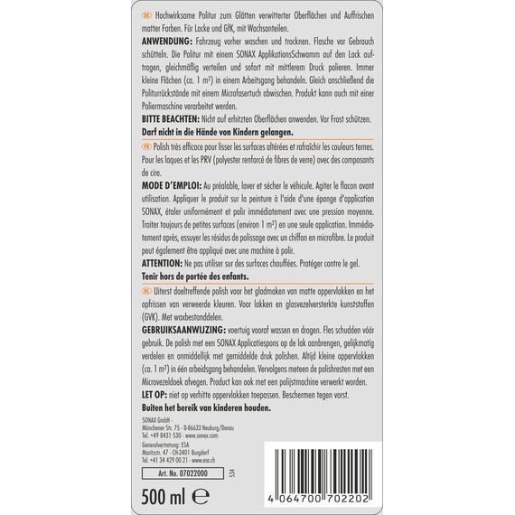 SONAX CARAVAN Politur (500 ml) zum Glätten verwitterter Oberflächen und Auffrischen matter Farben | Art-Nr. 07022000