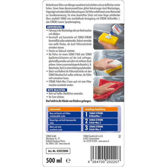 SONAX Xtreme Polish+Wax 3 Hybrid NPT (500 ml) zum Abtragen verwitterter Lackschichten und Auffrischen Matter Farben | Art-Nr. 02022000