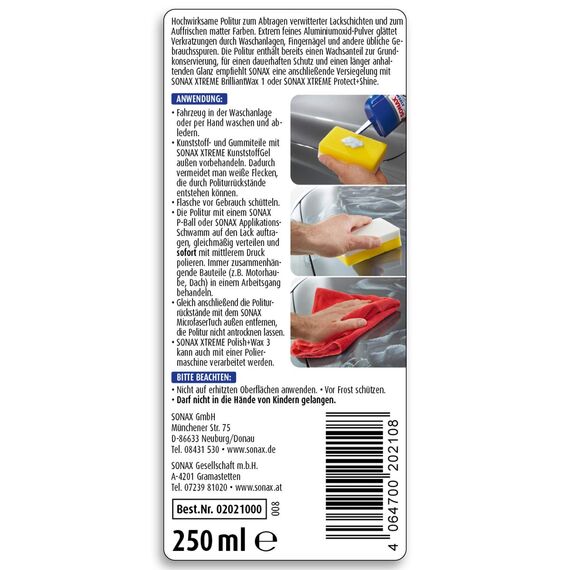 SONAX XTREME Polish+Wax 3 (250 ml) kraftvolle Politur für matte, verwitterte und ungepflegte Lacke | Art-Nr. 02021000