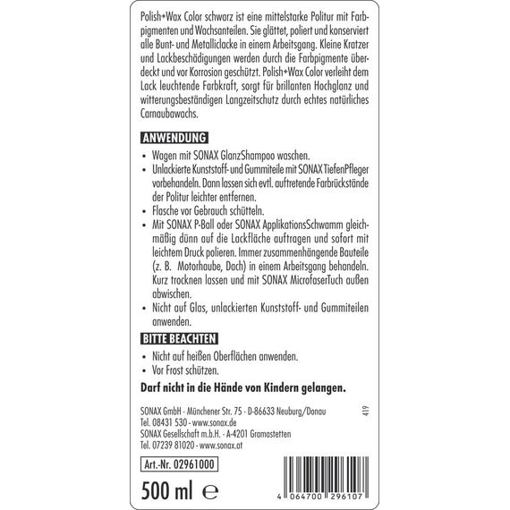 SONAX Polish+Wax Color schwarz (500 ml) Politur mit schwarzen Farbpigmenten und Wachsanteilen | Art-Nr. 02961000