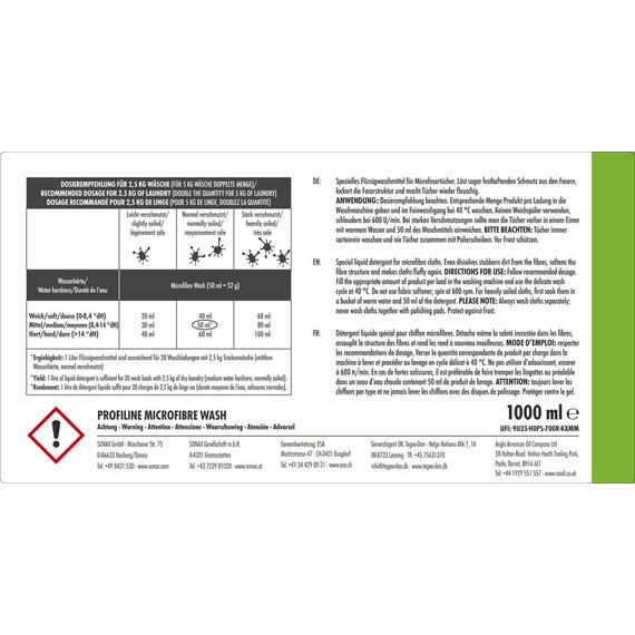 SONAX PROFILINE Microfibre Wash (1 Liter) spezielles Flüssigwaschmittel für Microfasertücher und Polierscheiben | Art-Nr. 04523000