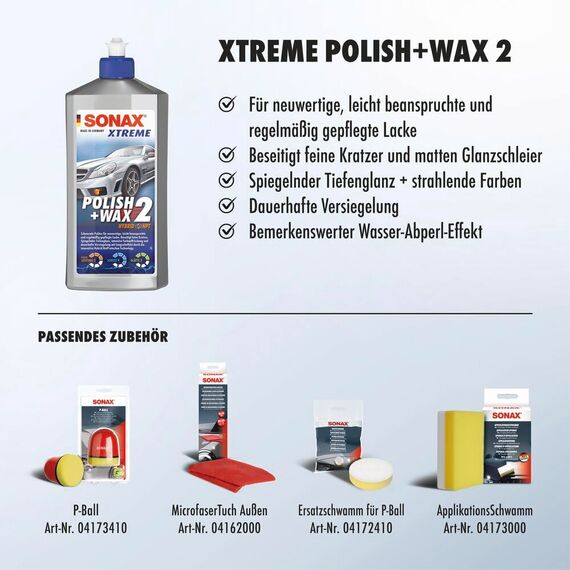 SONAX XTREME Polish+Wax 2 Hybrid NPT (500 ml) schonende Politur mit mittlerer Wirkung für regelmäßig gepflegte Lacke | Art-Nr. 02072000