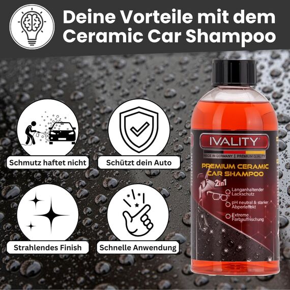 IVALITY Autoshampoo mit Abperleffekt 500ml – 2-in-1 Ceramic Shampoo und keramik Versiegelung mit SiO₂ – pH-neutrales Auto shampoo Konzentrat für Lack, Felgen und Glas – Kirschduft