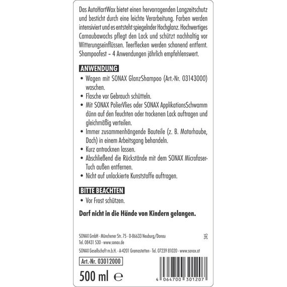 SONAX AutoHartWax (500 ml) flüssig, für Neue und neuwertige Bunt- und Metallic-Lacke | Art-Nr. 03012000