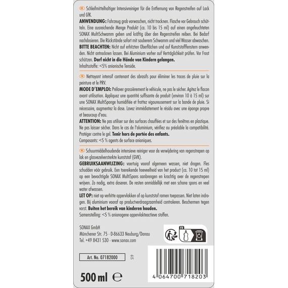 SONAX CARAVAN RegenstreifenEntferner (500 ml) schleifmittelhaltiger Intensivreiniger für Lack und GfK | Art-Nr. 07182000