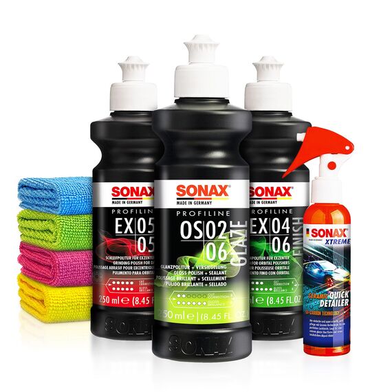 Politur Set: Sonax ExCut 05-05 + Ex 04-06 + OS 02-06 (je 250ml) + Sonax Ceramic Spray Versiegelung - Zur starken Defektkorrektur und maximalen Hochglanz - Auto polieren | 8-teilig