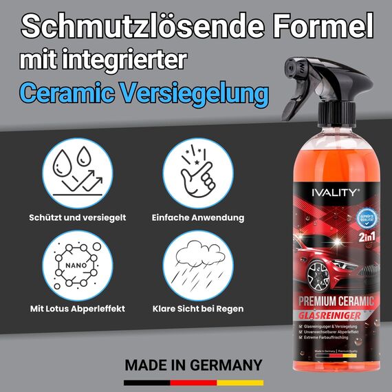 IVALITY Keramikversiegelung Auto 3-in-1 Set – Keramik Versiegelung, Glasreiniger mit Scheibenversiegelung & Ceramic Autoshampoo – Hydrophobes Auto-Pflegeset für Lacke, Felgen und Glas