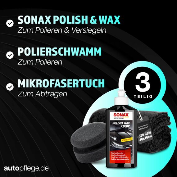 Auto Politur Set | Sonax Polish & Wax Color Schwarz 250ml Autopolitur + Polierschwamm + Poliertuch | Polierpaste für dunkle Metalliclacke zur Entfernung kleiner Kratzer | Polierset