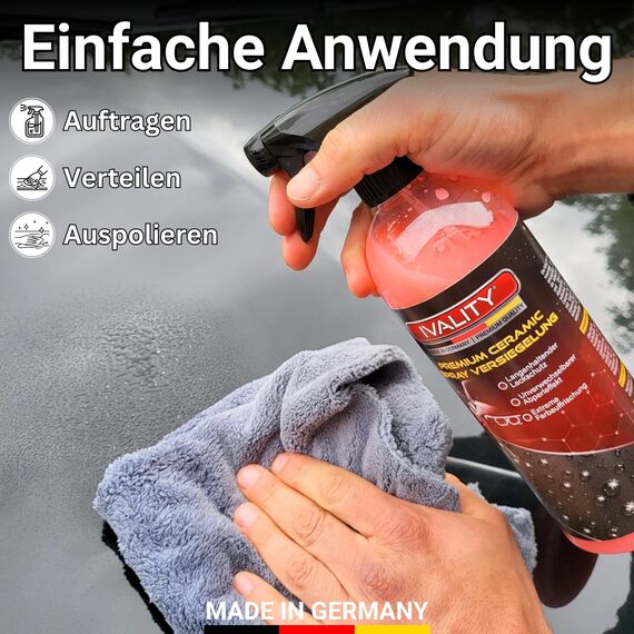 IVALITY Ceramic Versiegelung Auto 750ml mit Abperleffekt – Inkl. 2 Mikrofasertücher, Schützt den Lack und verstärkt die Farbtiefe, Keramikversiegelung, Felgen & Lackversiegelung Auto Spray