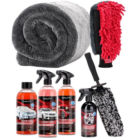 Ivality 7-in-1 Keramik Auto Sparbundle mit Ultra Dünner Felgenbürste, Effektivem Felgenreiniger, 3-in-1 Waschhandschuh und 1800GSM 50x80 Auto Trockentuch Für Lack, Felgen, Glas und Außenpflege