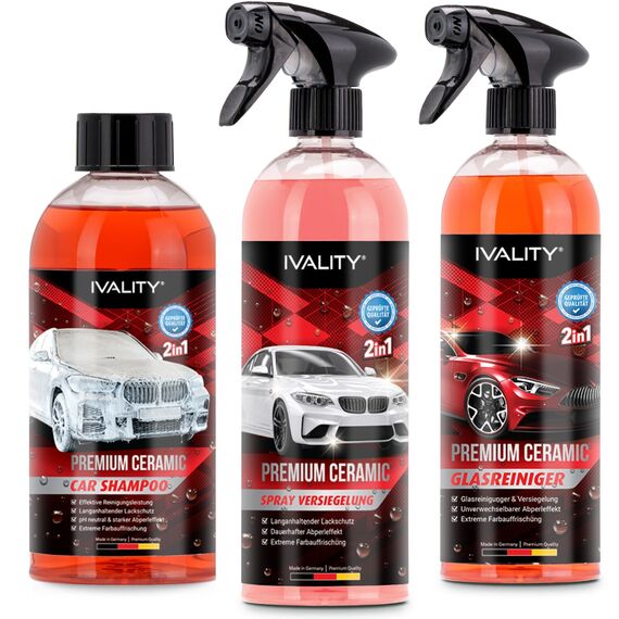 IVALITY Keramikversiegelung Auto 3-in-1 Set – Keramik Versiegelung, Glasreiniger mit Scheibenversiegelung & Ceramic Autoshampoo – Hydrophobes Auto-Pflegeset für Lacke, Felgen und Glas