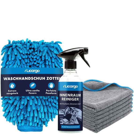 LICARGO Innenraum Set + Waschhandschuh - 1x Zottel-Waschhandschuh Auto - 1x ph-neutraler Innenraumreiniger (500ml) - 6X Lackschonende Mikrofasertücher mit 380 GSM - schonendes Innenraum Set