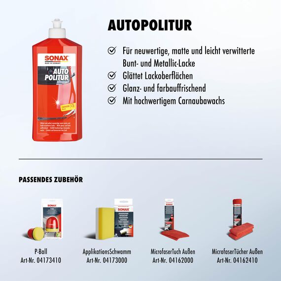 SONAX AutoPolitur (500 ml) für neuwertige, matte und leicht verwitterte Bunt- und Metallic-Lacke | Art-Nr. 0300200