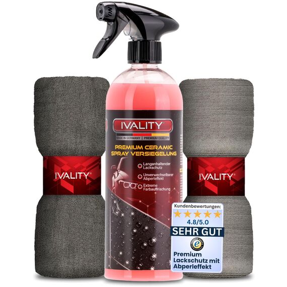 IVALITY Ceramic Versiegelung Auto 750ml mit Abperleffekt – Inkl. 2 Mikrofasertücher, Schützt den Lack und verstärkt die Farbtiefe, Keramikversiegelung, Felgen & Lackversiegelung Auto Spray