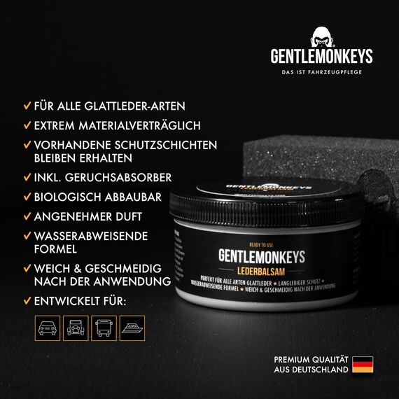 GENTLEMONKEYS Lederpflege Set • Lederreiniger, Lederbalsam & Poliertuch • Für Glattleder, Autositze, Schuhe, Sofa, etc. • Profi Lederreiniger Set mit Lederpflege • Premium Leder Pflegeset
