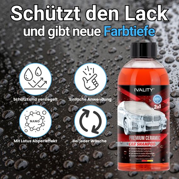 IVALITY Keramikversiegelung Auto 3-in-1 Set – Keramik Versiegelung, Glasreiniger mit Scheibenversiegelung & Ceramic Autoshampoo – Hydrophobes Auto-Pflegeset für Lacke, Felgen und Glas