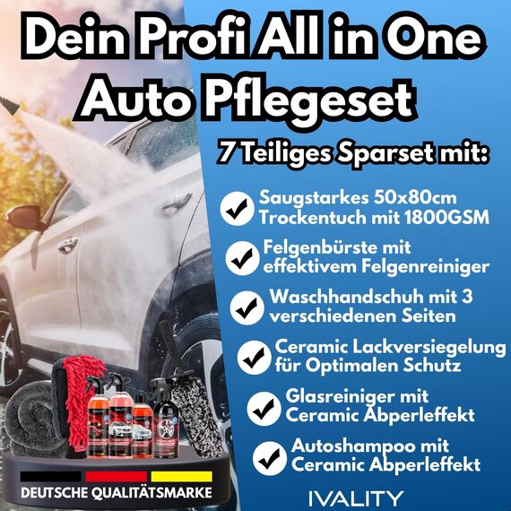 Ivality 7-in-1 Keramik Auto Sparbundle mit Ultra Dünner Felgenbürste, Effektivem Felgenreiniger, 3-in-1 Waschhandschuh und 1800GSM 50x80 Auto Trockentuch Für Lack, Felgen, Glas und Außenpflege