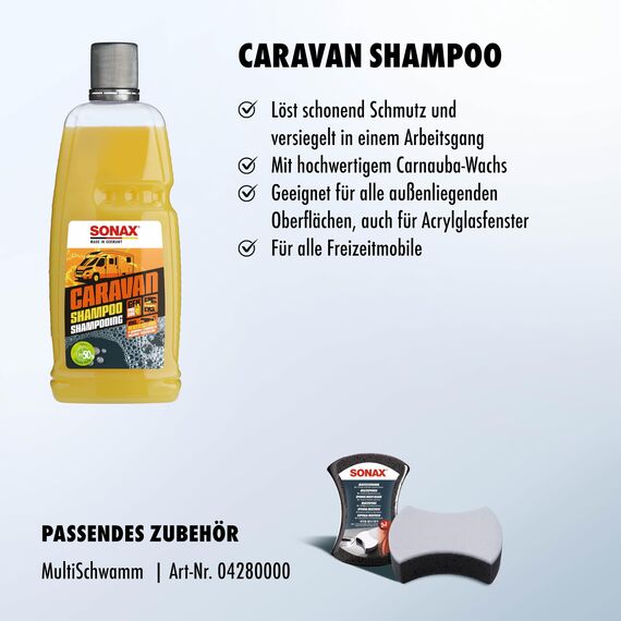 SONAX CARAVAN Shampoo (1 Liter) Reinigungskonzentrat mit Wachsanteilen, für alle Oberflächen an Caravan/Bus/Wohnmobil/Wohnwagen | Art-Nr. 07133000