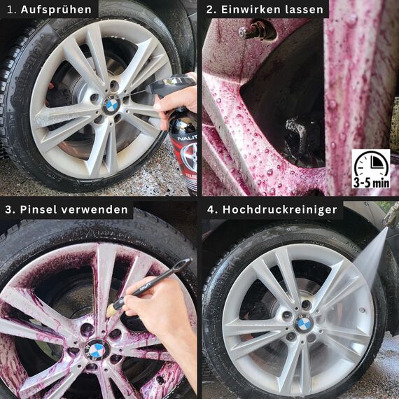 Ivality® Premium Felgenreiniger Set - Mit Wirkindikator & schonend - Felgen Reiniger Auto, Rim Cleaner, Alufelgen Reiniger, Wheel Cleaner, Alu Felgen Reinigung, Detailing Pinsel + 2 Mikrofasertücher
