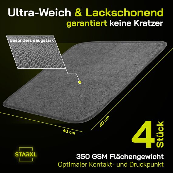 STARKL® 4X Mikrofasertücher Auto zum Reinigen, Trocknen & Polieren - lackschonende Microfasertücher in 40x40cm - Poliertuch - Auto Trockentuch - Microfasertuch Autopflege in 350GSM