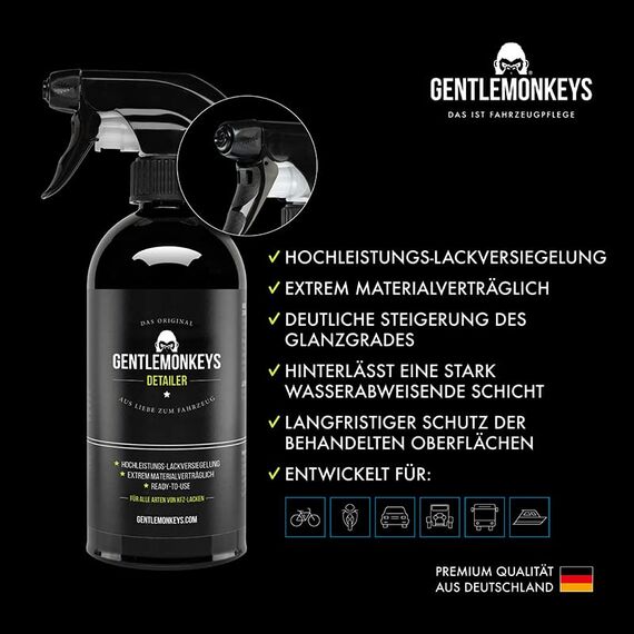 GENTLEMONKEYS Detailer Auto (500ml) inkl. Mikrofasertuch • Lackversiegelung, Motorrad & Fahrrad • Profi-Sprühversiegelung für Glanz & Schutz • Detailing Lackschutz • Für alle Lacke geeignet