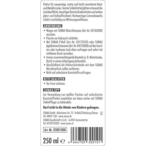 SONAX AutoPolitur (250 ml) für neuwertige, Matte und leicht verwitterte Bunt- und Metallic-Lacke | Art-Nr. 0300100