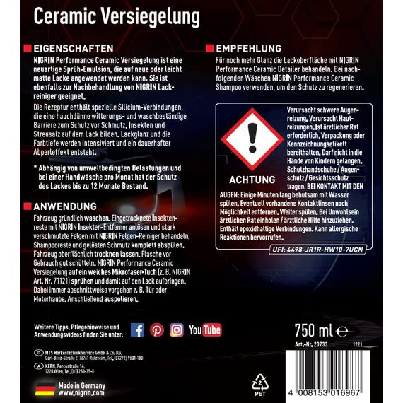 NIGRIN Performance Ceramic Versiegelung, intensive Leuchtkraft, Hochglanzeffekte, mit Abperleffekt, 750ml, rot