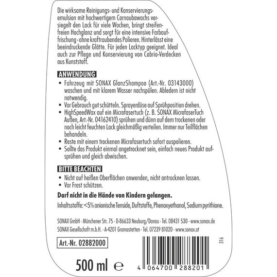 SONAX HighSpeedWax (500 ml) blitzschnelle, hochwirksame Reinigungs- und Konservierungsemulsion für jeden Lacktyp | Art-Nr. 02882000