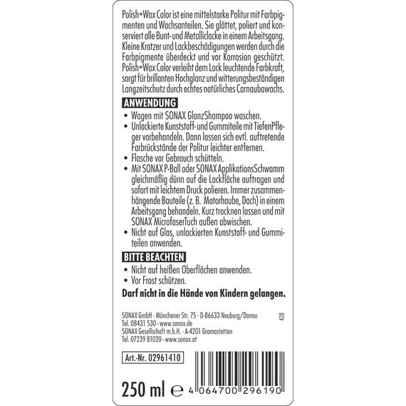 SONAX Polish+Wax Color schwarz (250 ml) Mittelstarke Politur für neuwertige und leicht matte Lacke mit Farbpigmenten und Wachsanteilen | Art-Nr. 02961410