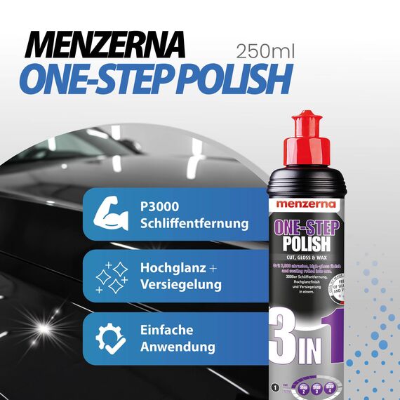 detailmate Handpolitur Auto Set - Menzerna Medium Cut Politur One-Step-Polish 3 in 1, 250ml + Made in Germany Polierschwamm + ultraflausch Mikrofaser Poliertuch 550GSM + 1 Schutzhandschuh
