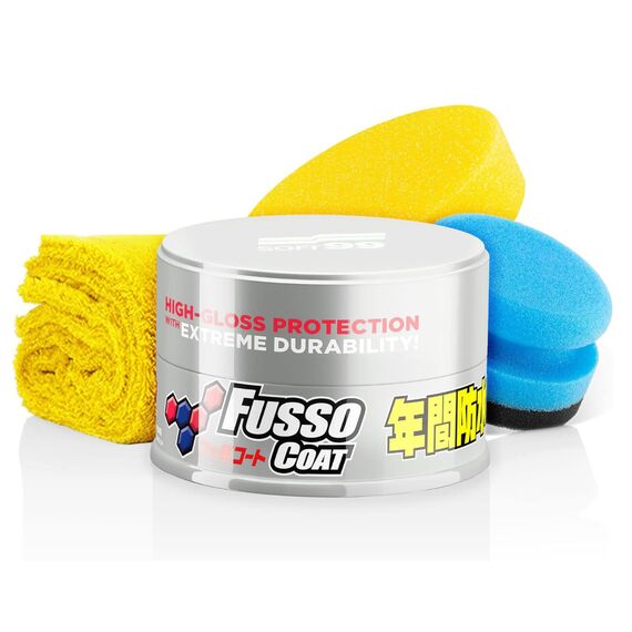 Detailmate Soft99 New Fusso Coat 12 Months Wax Light Hartwachs Autowachs, Lackversiegelung, 200 gr für helle Lacke + langfloriges Mikrofaser Poliertuch + 2 Nitril-Schutzhandschuhe