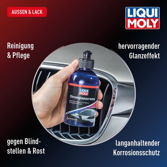 LIQUI MOLY Lackpflege Chromglanzcreme, Art.-Nr.1529 I 250 ml Chrompolitur Auto zur Reinigung & Chrompflege I Entfernt Blindstellen & Rost an Chromteilen I Langzeit-Korrosionsschutz & Glanz