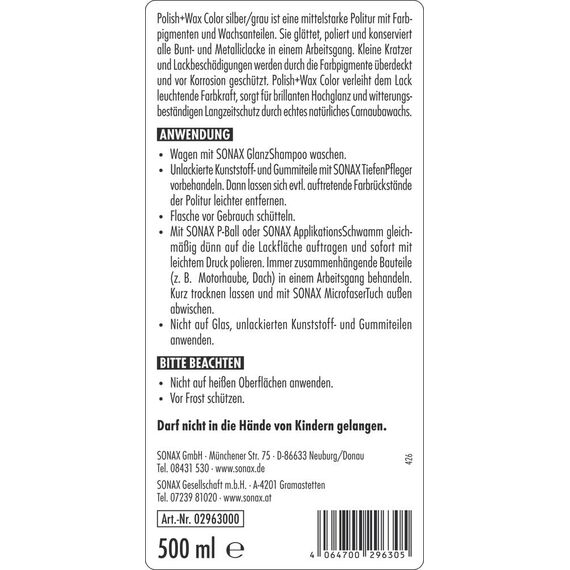 SONAX Polish+Wax Color silber/grau (500 ml) Politur mit grauen Farbpigmenten und Wachsanteilen | Art-Nr. 02963000