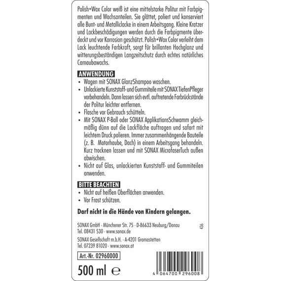 SONAX Polish+Wax Color weiß (500 ml) Politur mit weißen Farbpigmenten und Wachsanteilen | Art-Nr. 02960000