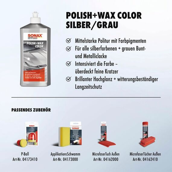SONAX Polish+Wax Color silber/grau (500 ml) Politur mit grauen Farbpigmenten und Wachsanteilen | Art-Nr. 02963000