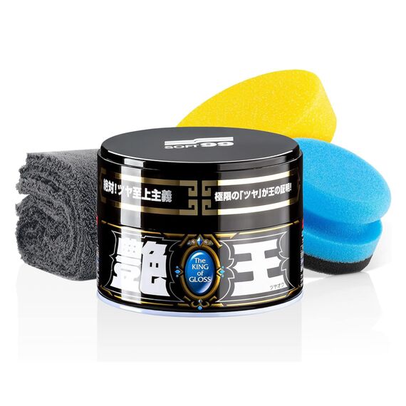 detailmate Soft99 Auto Versiegelung Wachs Set für dunkle Lacke - The King of Gloss Dark Weichwachs, Autowachs wasserabweisend, 300gr + Handpolierschwamm Applikator + Mikrofaser Poliertuch