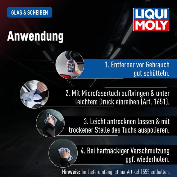 LIQUI MOLY Silikon- & Wachsentferner, Art.-Nr. 1555 I 250 ml reinigender Silikonentferner flüssig für Glas-, Lack- & Chromteile I Schlierenfreie Sicht und mehr Sicherheit I Silikonreiniger