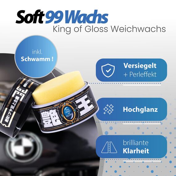detailmate Soft99 Auto Versiegelung Wachs Set für dunkle Lacke - The King of Gloss Dark Weichwachs, Autowachs wasserabweisend, 300gr + Handpolierschwamm Applikator + Mikrofaser Poliertuch