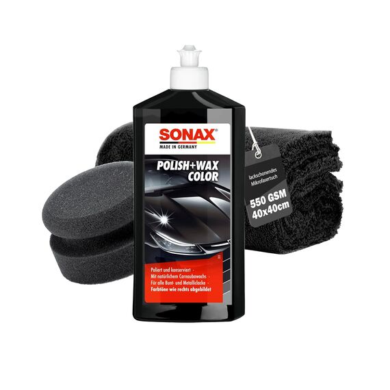 Auto Politur Set | Sonax Polish & Wax Color Schwarz 500ml Autopolitur + Polierschwamm + Poliertuch | Polierpaste für dunkle Metalliclacke zur Entfernung kleiner Kratzer | Polierset