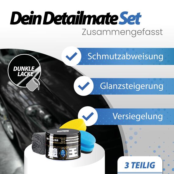 detailmate Soft99 Auto Versiegelung Wachs Set für dunkle Lacke - The King of Gloss Dark Weichwachs, Autowachs wasserabweisend, 300gr + Handpolierschwamm Applikator + Mikrofaser Poliertuch
