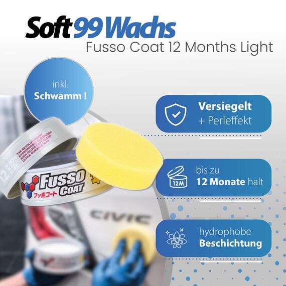 Detailmate Soft99 New Fusso Coat 12 Months Wax Light Hartwachs Autowachs, Lackversiegelung, 200 gr für helle Lacke + langfloriges Mikrofaser Poliertuch + 2 Nitril-Schutzhandschuhe