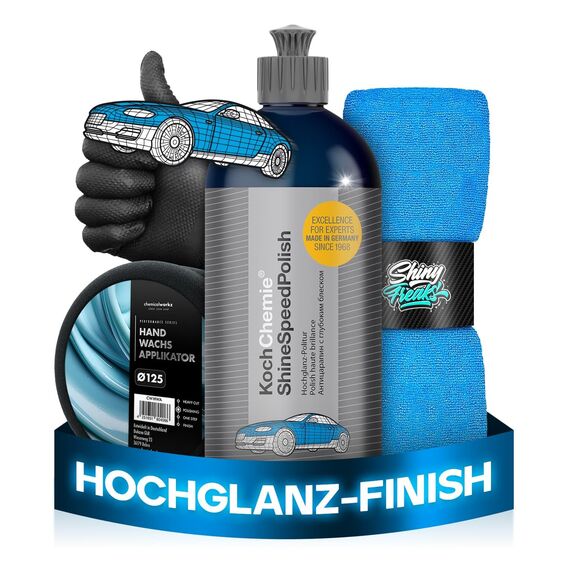 Koch Chemie Shine Speed Polish (500 ml) Lackpolitur + chemicalworkz Hand Wachs Applikator + ShinyFreaks Ultra Soft Mikrofasertuch – Hochglanz-Finish & Lackschutz – Auto Politur & Pflege Set