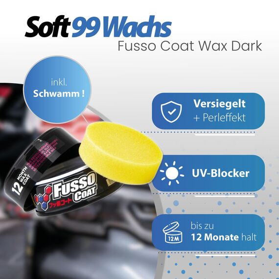 Detailmate Soft99 New Fusso Coat 12 Months Wax Dark Hartwachs Autowachs, Lackversiegelung, 200 gr für dunkle Lacke schwarz + langfloriges Mikrofaser Poliertuch + Polierschwamm