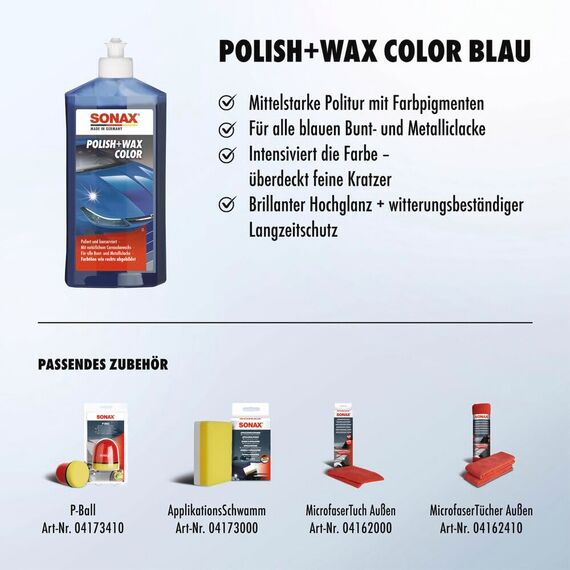 SONAX Polish & Wax Color blau (500 ml) Politur mit Farbpigmenten und Wachsanteilen | Art-Nr. 02962000